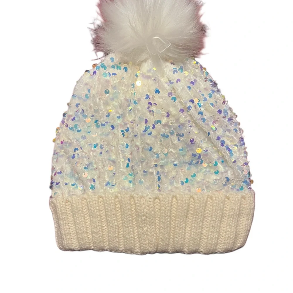 Justice White Sequin Hat with Faux Fur Pom - Picture 2 of 2